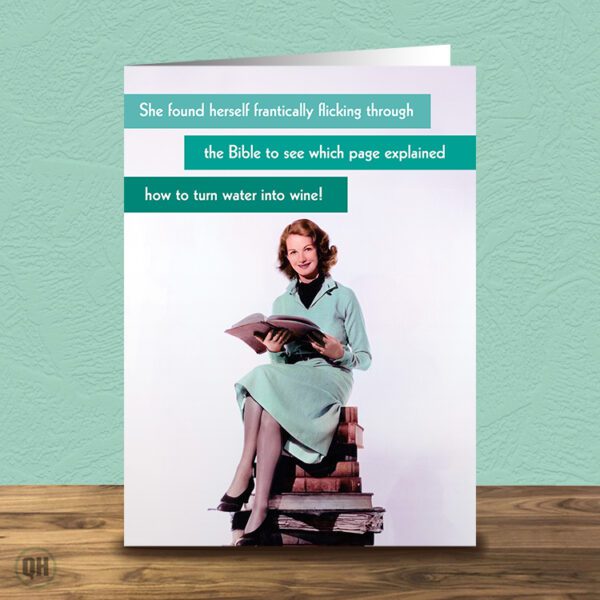 Frantically Flicking Through The Bible... - Funny Retro Greetings Card