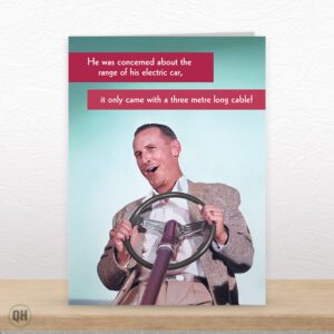 Concerned About The Range Of His Electric Car... - Funny Retro Greetings Card