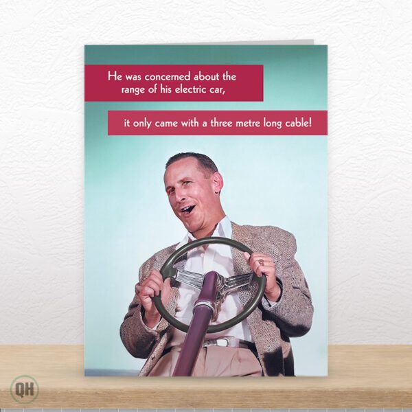 Concerned About The Range Of His Electric Car... - Funny Retro Greetings Card