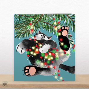 Fairy Lights Cat - Christmas Art Card By Paul Delaney