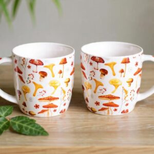 All Over Mushroom Print Mugs Set of 2 – Ceramic Coffee & Tea Cups
