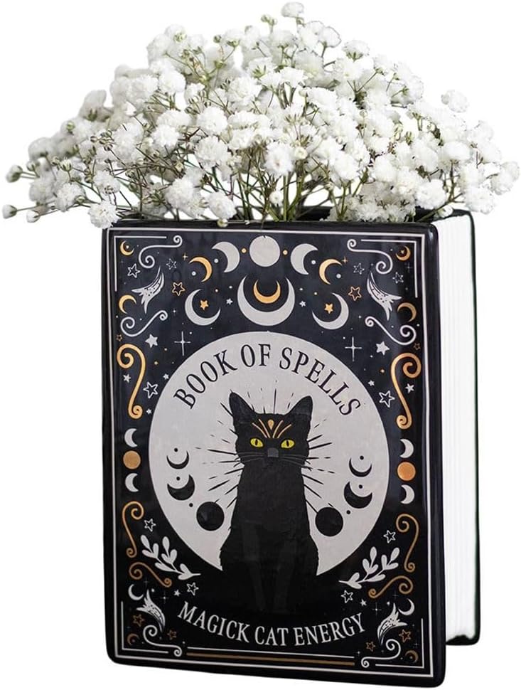 Black Cat Magick Book Shaped Flower Vase – Gothic Cat Home Décor - Image 2