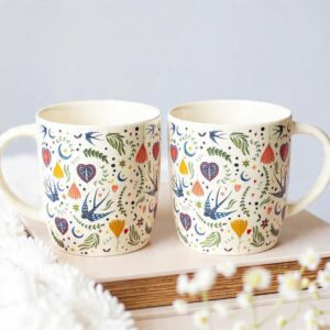 Midnight Bloom Folk-Inspired Mugs Set of 2 – Dark Floral Design