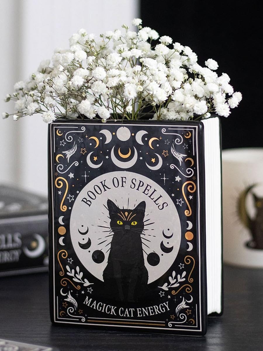 Black Cat Magick Book Shaped Flower Vase – Gothic Cat Home Décor - Image 3